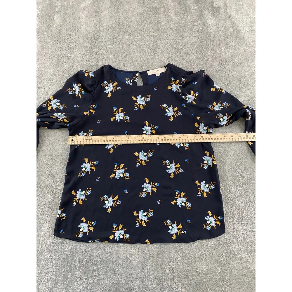 Loft Womens Navy Blue Floral Puff Sleeve Keyhole Back Blouse Top Size S
